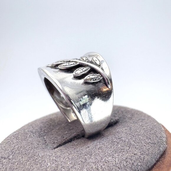 Vintage Sterling Silver 925 Diamond Accent Leaf Vinte Wide Tapered Ring Size 6.2 - Picture 3 of 7